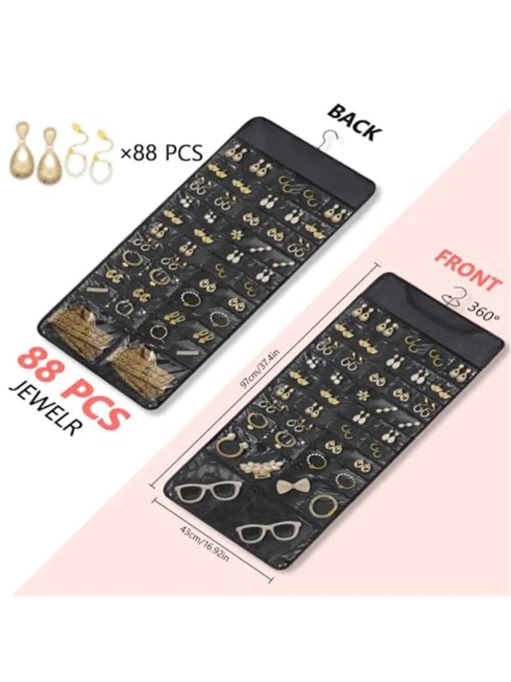 Hanging Jewelry Organizer 88 Pocket Double Sided Storage Holder Travel Case